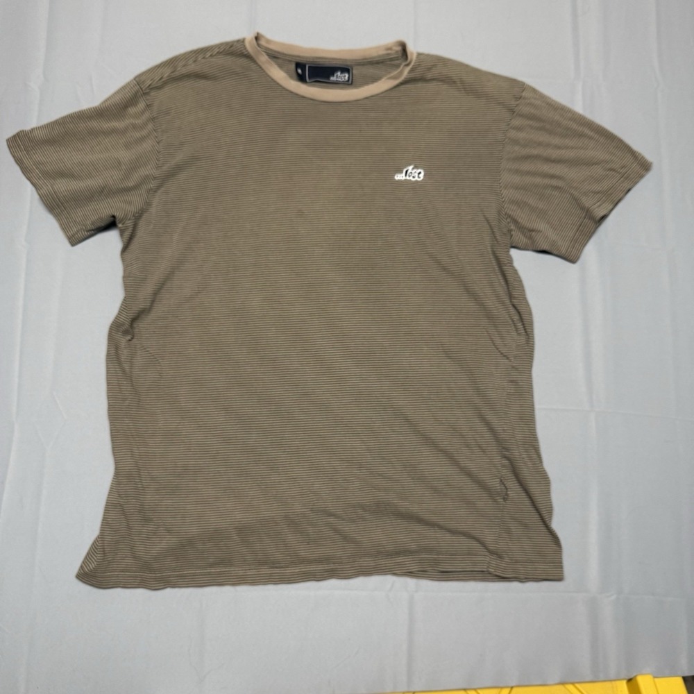 Lost Mayhem Green Brown‎ Striped T Shirt Size Medium — Small Stain + Tag Hole